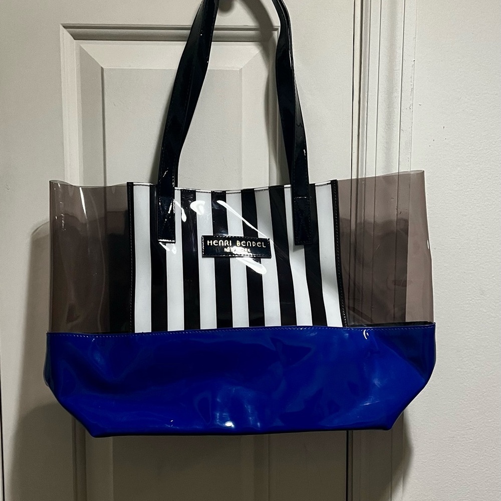 Henri Bendel large clear striped and royal blue bag